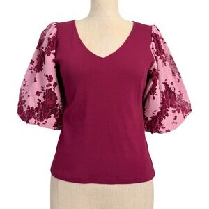 Dolan Left Coast Collection Rib Knit V-Neck Top Puff Lace Sleeve Burgundy Pink S